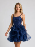 Navy Blue Tulle A-Line Square Neck Lace-Up Back Short Homecoming Dress with Sequins - Curvevia