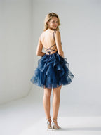 Navy Blue Tulle A-Line Square Neck Lace-Up Back Short Homecoming Dress with Sequins - Curvevia
