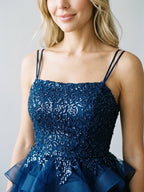 Navy Blue Tulle A-Line Square Neck Lace-Up Back Short Homecoming Dress with Sequins - Curvevia