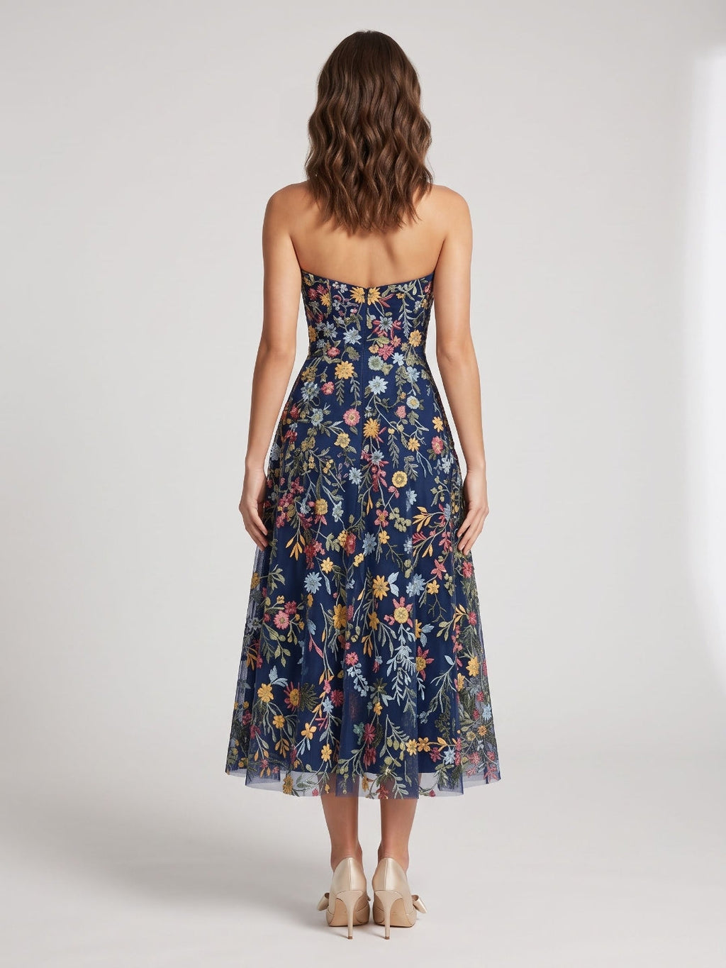 Mauve Floral Tulle A-Line Sweetheart Zipper Back Midi Dress - Curvevia
