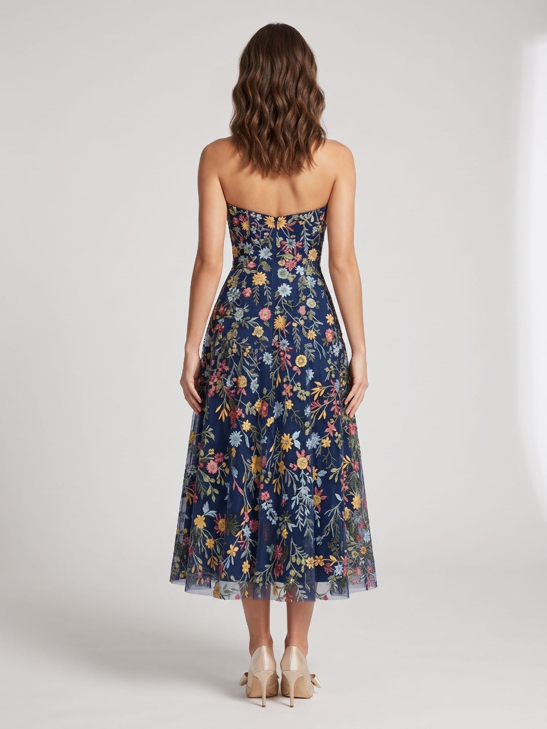 Mauve Floral Tulle A-Line Sweetheart Zipper Back Midi Dress - Curvevia