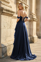 Peacock Off The Shoulder A Line Chiffon Pleated Long Evening Dress With Slit - Curvevia