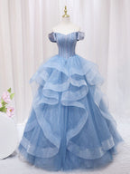 A-Line Blue Tulle Long Sweet Quinceanera Dress - Curvevia