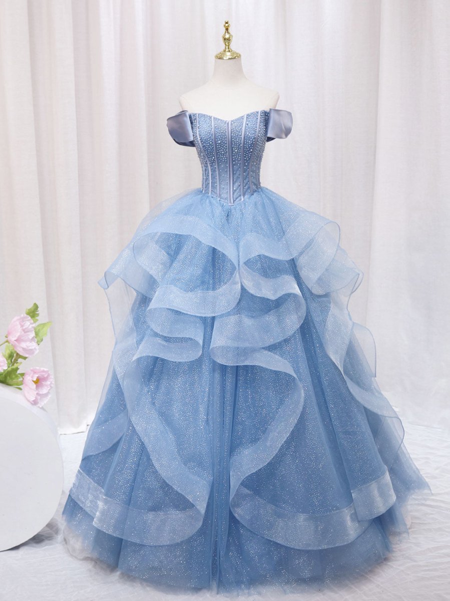 A-Line Blue Tulle Long Sweet Quinceanera Dress - Curvevia