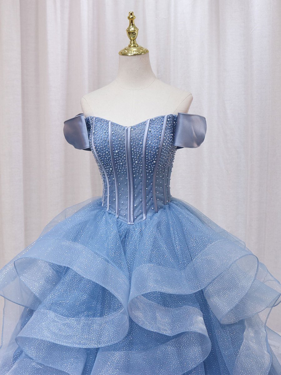 A-Line Blue Tulle Long Sweet Quinceanera Dress - Curvevia