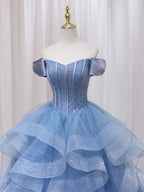 A-Line Blue Tulle Long Sweet Quinceanera Dress - Curvevia