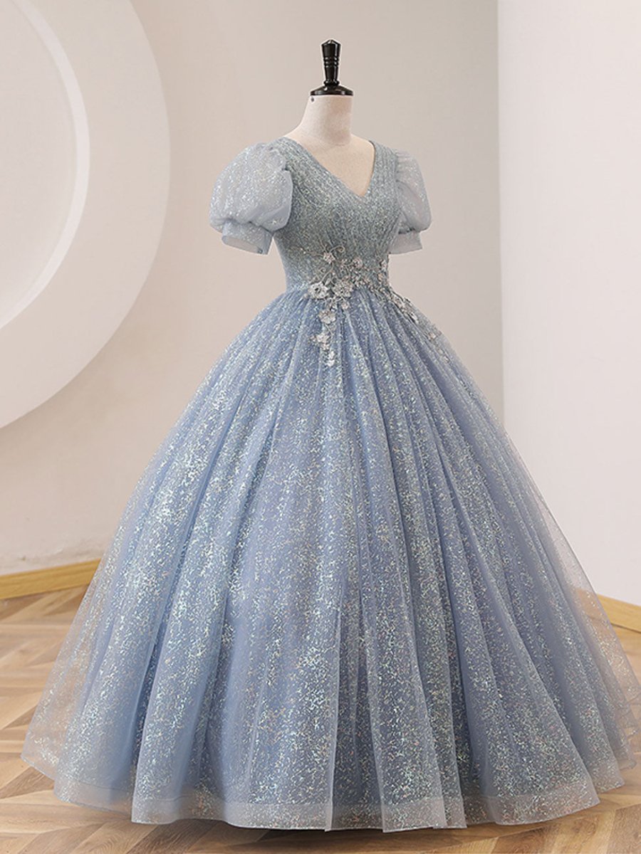 Quinceanera Dress V Neck Tulle Sequin Gray Blue Long Prom Dress - Curvevia