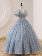 Quinceanera Dress V Neck Tulle Sequin Gray Blue Long Prom Dress - Curvevia