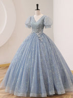 Quinceanera Dress V Neck Tulle Sequin Gray Blue Long Prom Dress - Curvevia