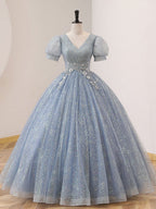 Quinceanera Dress V Neck Tulle Sequin Gray Blue Long Prom Dress - Curvevia