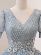 Quinceanera Dress V Neck Tulle Sequin Gray Blue Long Prom Dress - Curvevia