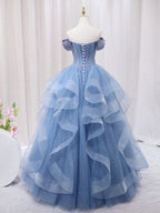 A-Line Blue Tulle Long Sweet Quinceanera Dress - Curvevia