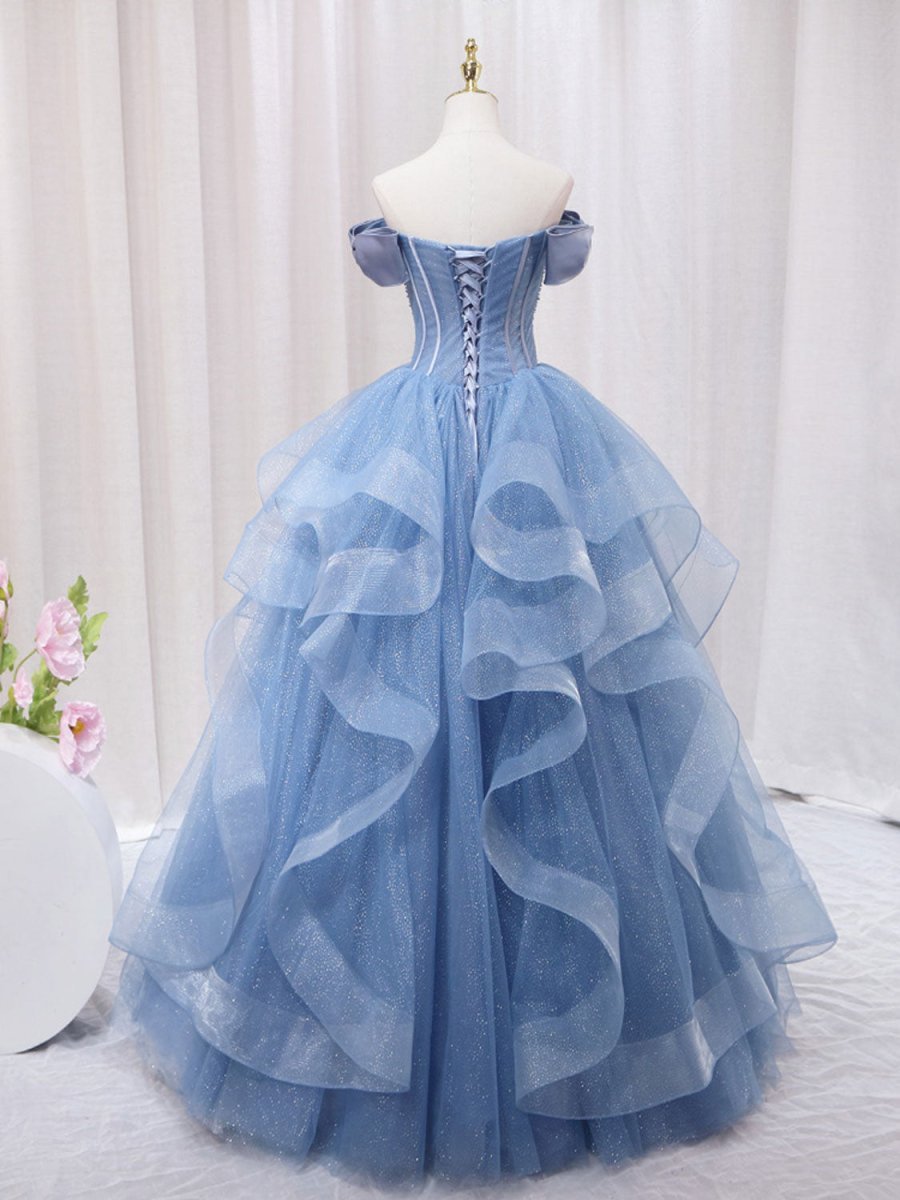 A-Line Blue Tulle Long Sweet Quinceanera Dress - Curvevia
