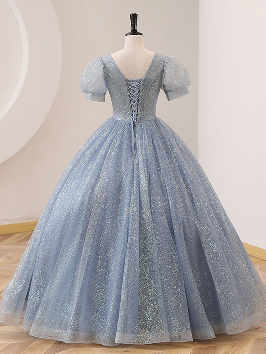 Quinceanera Dress V Neck Tulle Sequin Gray Blue Long Prom Dress - Curvevia