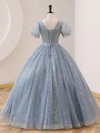 Quinceanera Dress V Neck Tulle Sequin Gray Blue Long Prom Dress - Curvevia