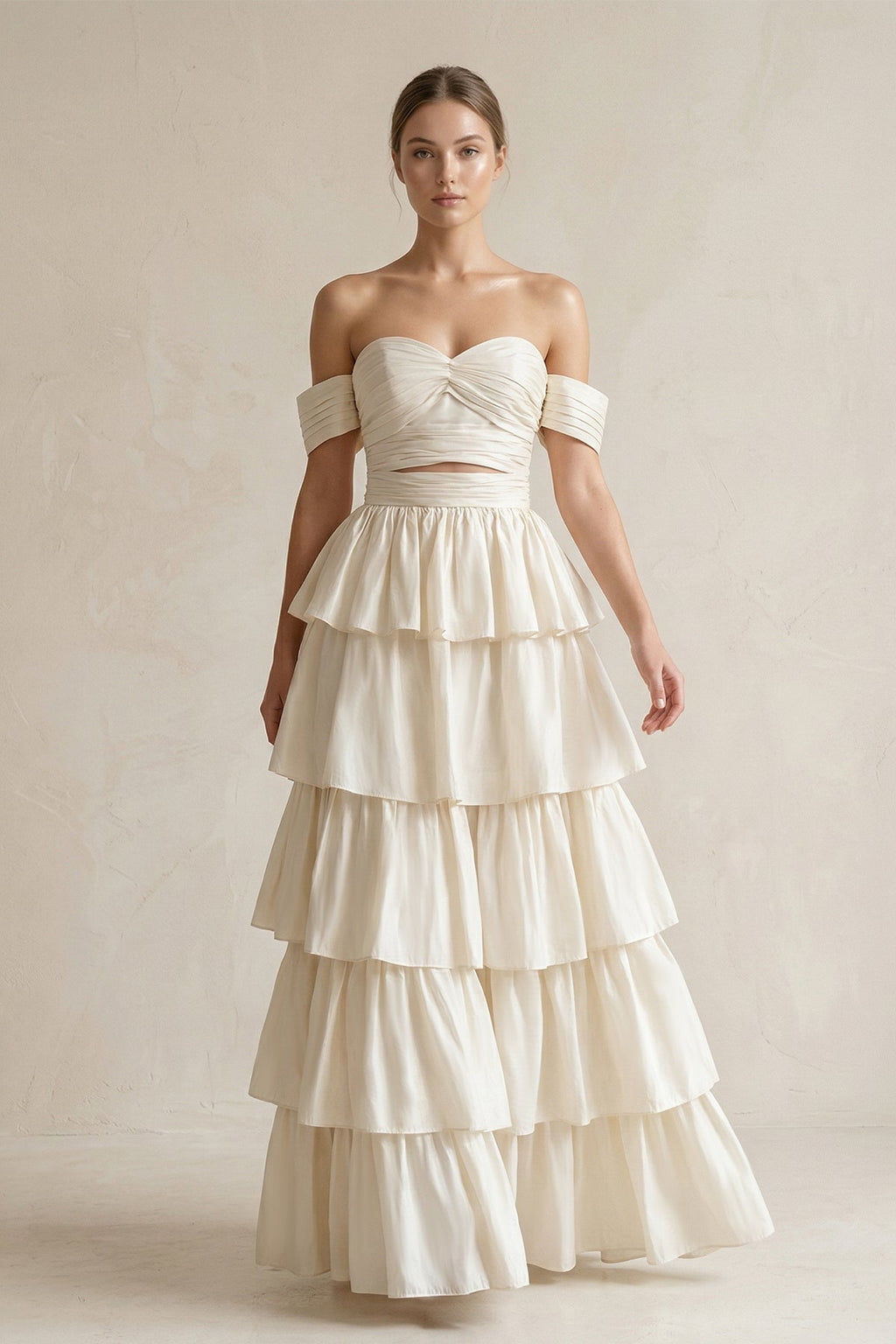 A-Line Beige Multi-Tiered Ruffles Wedding Dresses - Curvevia