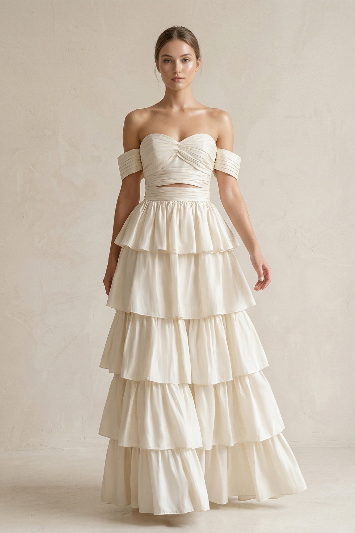A-Line Beige Multi-Tiered Ruffles Wedding Dresses - Curvevia