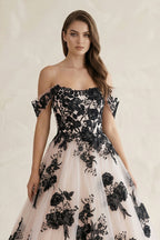 Off the Shoulder Tulle Long Wedding Dress with Black Appliques - Curvevia