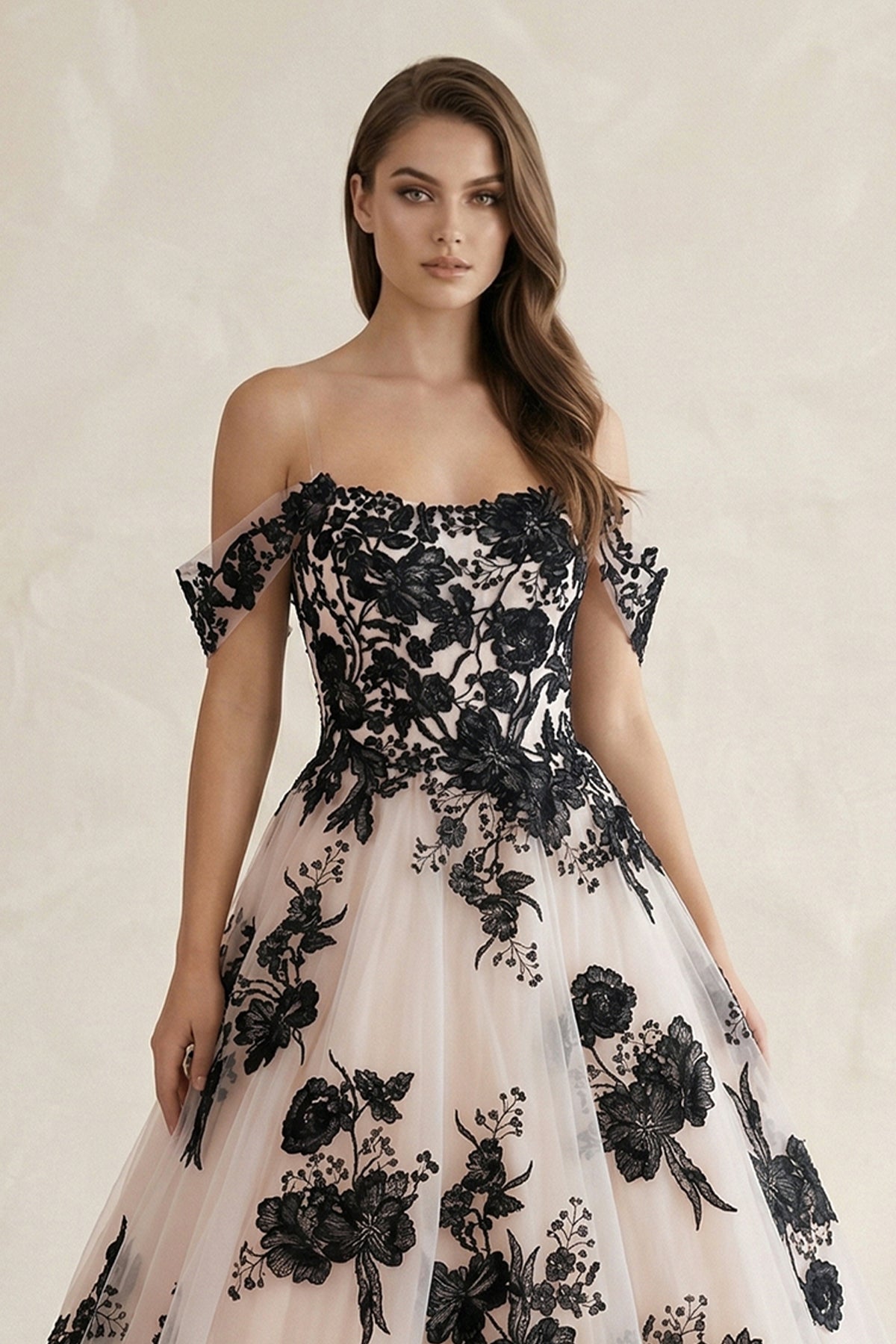 Off the Shoulder Tulle Long Wedding Dress with Black Appliques - Curvevia