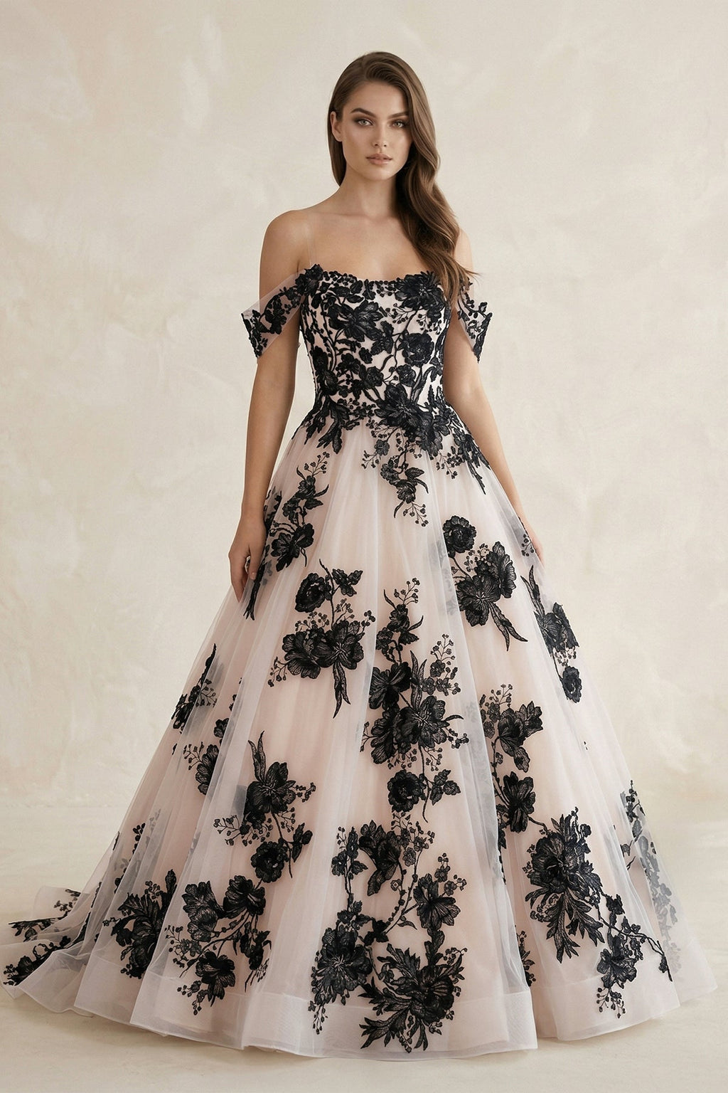 Off the Shoulder Tulle Long Wedding Dress with Black Appliques - Curvevia