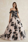 Off the Shoulder Tulle Long Wedding Dress with Black Appliques - Curvevia