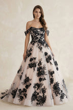Off the Shoulder Tulle Long Wedding Dress with Black Appliques - Curvevia