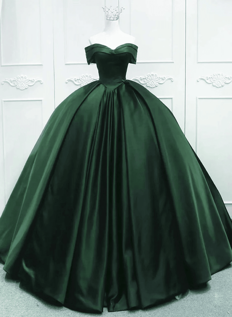 Off the Shoulder Ball Gown Dark Green Satin Quinceanera Dresses - Curvevia