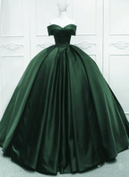 Off the Shoulder Ball Gown Dark Green Satin Quinceanera Dresses - Curvevia