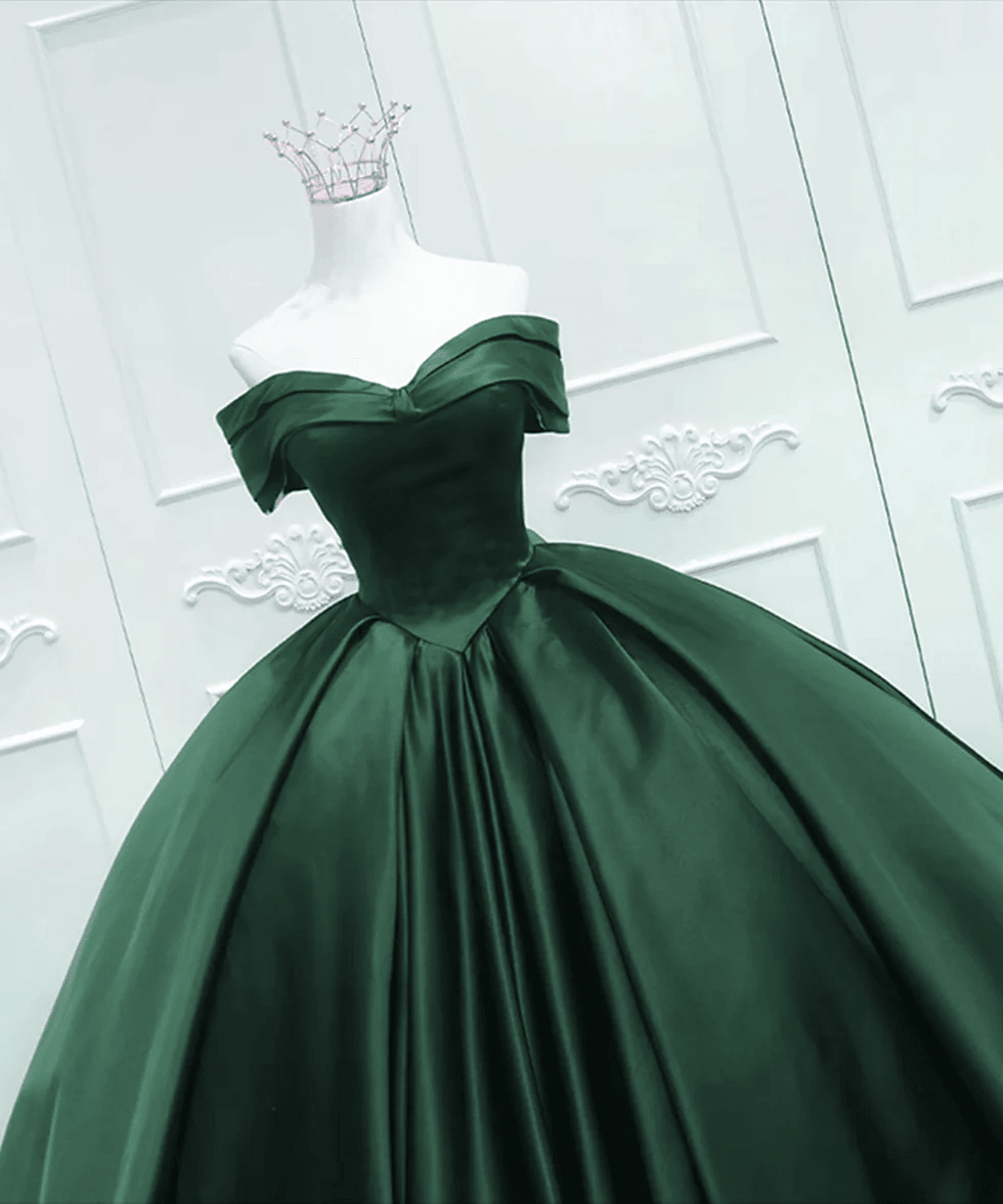 Off the Shoulder Ball Gown Dark Green Satin Quinceanera Dresses - Curvevia