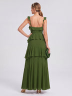 Coquette Olive Green Chiffon A-Line Straight Neck Backless Ruffle Ankle-Length Bridesmaid Dress - Curvevia