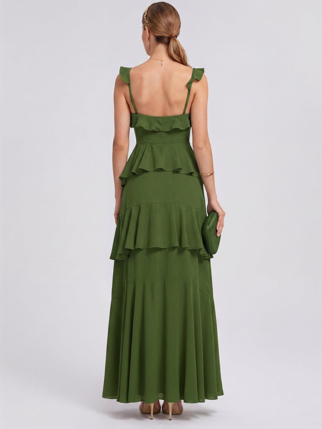 Coquette Olive Green Chiffon A-Line Straight Neck Backless Ruffle Ankle-Length Bridesmaid Dress - Curvevia