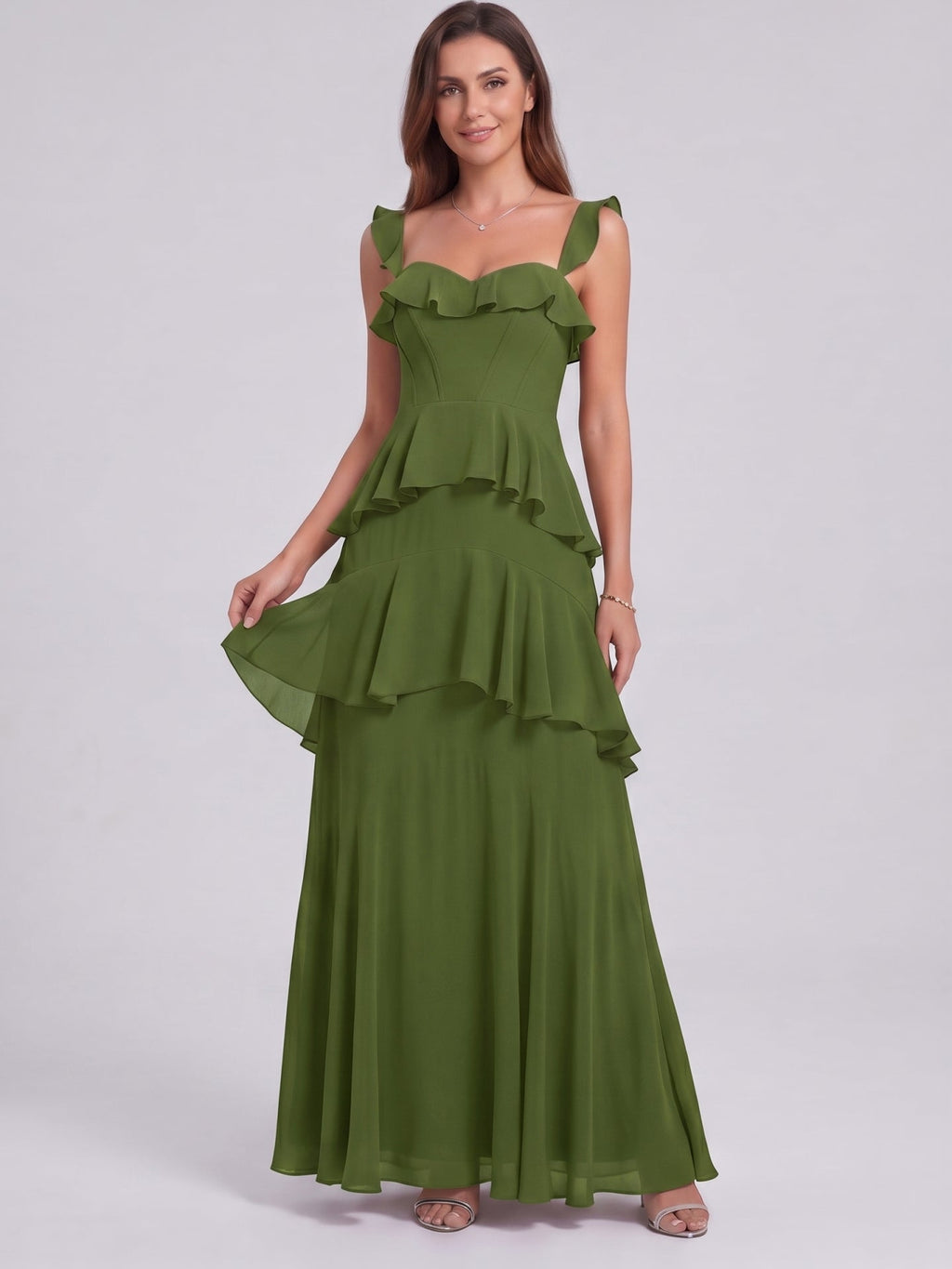 Coquette Olive Green Chiffon A-Line Straight Neck Backless Ruffle Ankle-Length Bridesmaid Dress - Curvevia