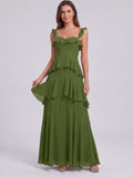 Coquette Olive Green Chiffon A-Line Straight Neck Backless Ruffle Ankle-Length Bridesmaid Dress - Curvevia