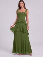 Coquette Olive Green Chiffon A-Line Straight Neck Backless Ruffle Ankle-Length Bridesmaid Dress - Curvevia