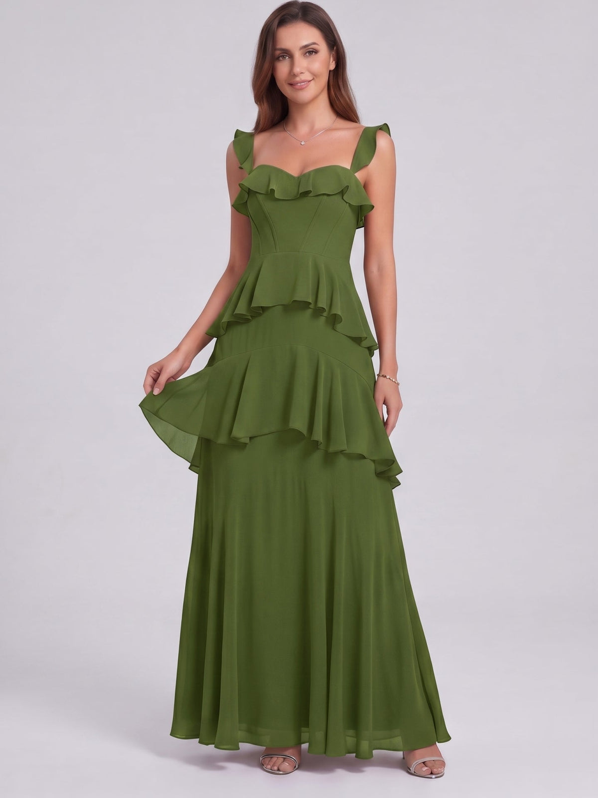 Coquette Olive Green Chiffon A-Line Straight Neck Backless Ruffle Ankle-Length Bridesmaid Dress - Curvevia