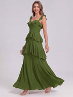 Coquette Olive Green Chiffon A-Line Straight Neck Backless Ruffle Ankle-Length Bridesmaid Dress - Curvevia