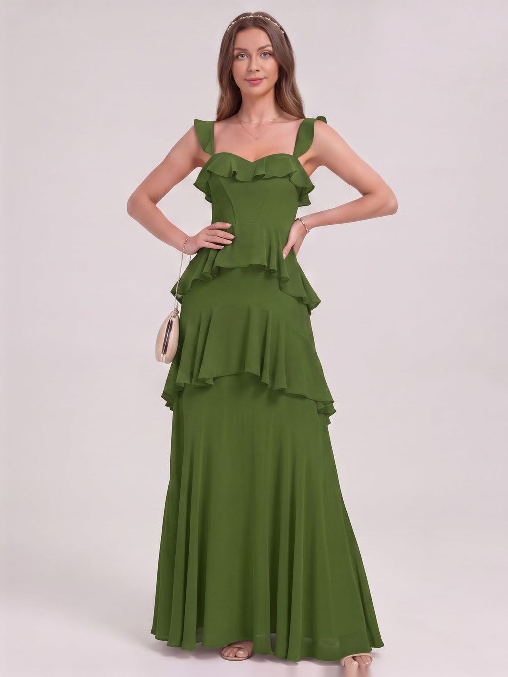 Coquette Olive Green Chiffon A-Line Straight Neck Backless Ruffle Ankle-Length Bridesmaid Dress - Curvevia