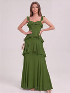 Coquette Olive Green Chiffon A-Line Straight Neck Backless Ruffle Ankle-Length Bridesmaid Dress - Curvevia