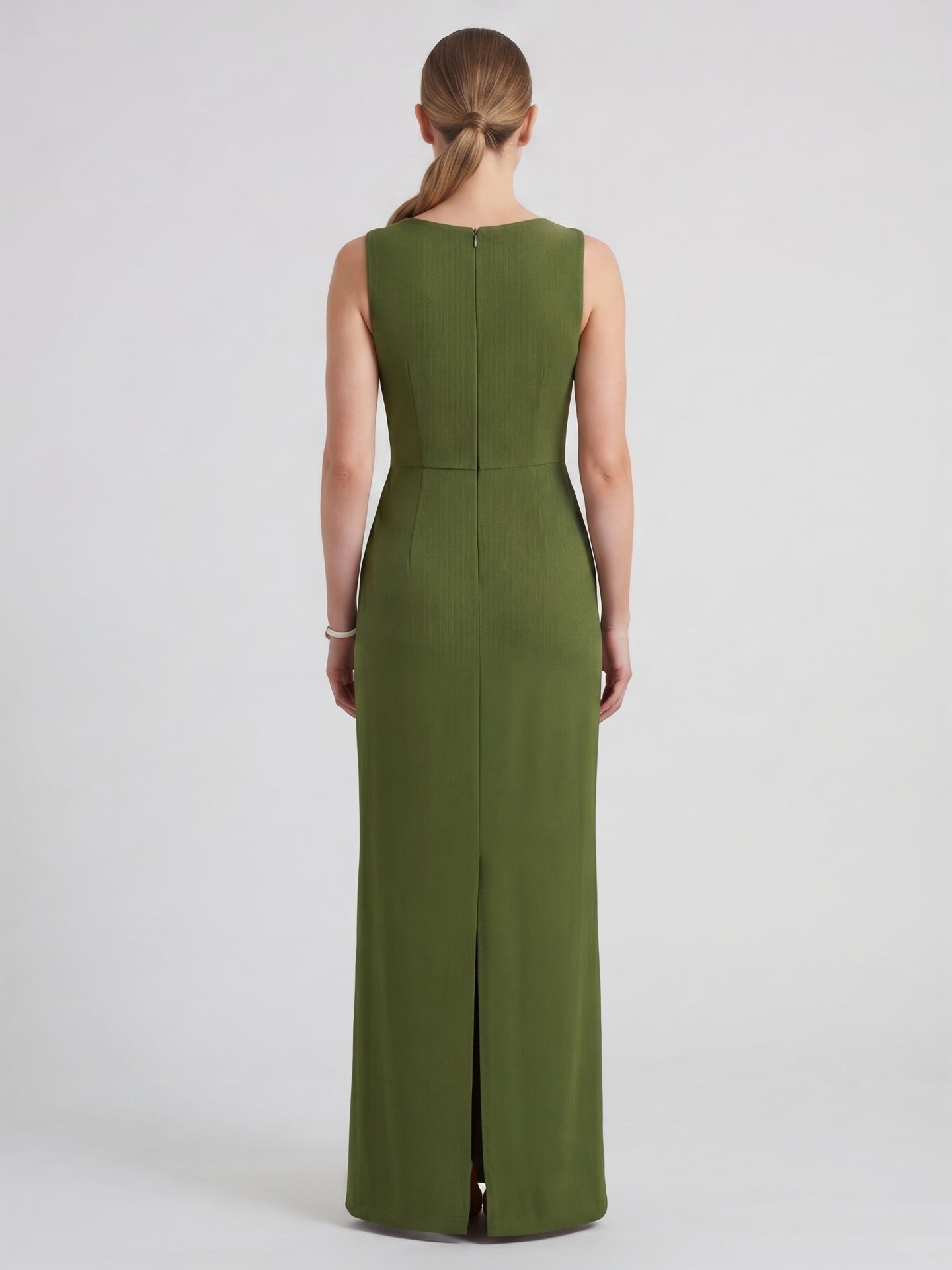 Simple Olive Green Stretch Knit A-Line Scoop Neck Back Zip Ankle-Length Bridesmaid Dress - Curvevia