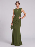 Simple Olive Green Stretch Knit A-Line Scoop Neck Back Zip Ankle-Length Bridesmaid Dress - Curvevia