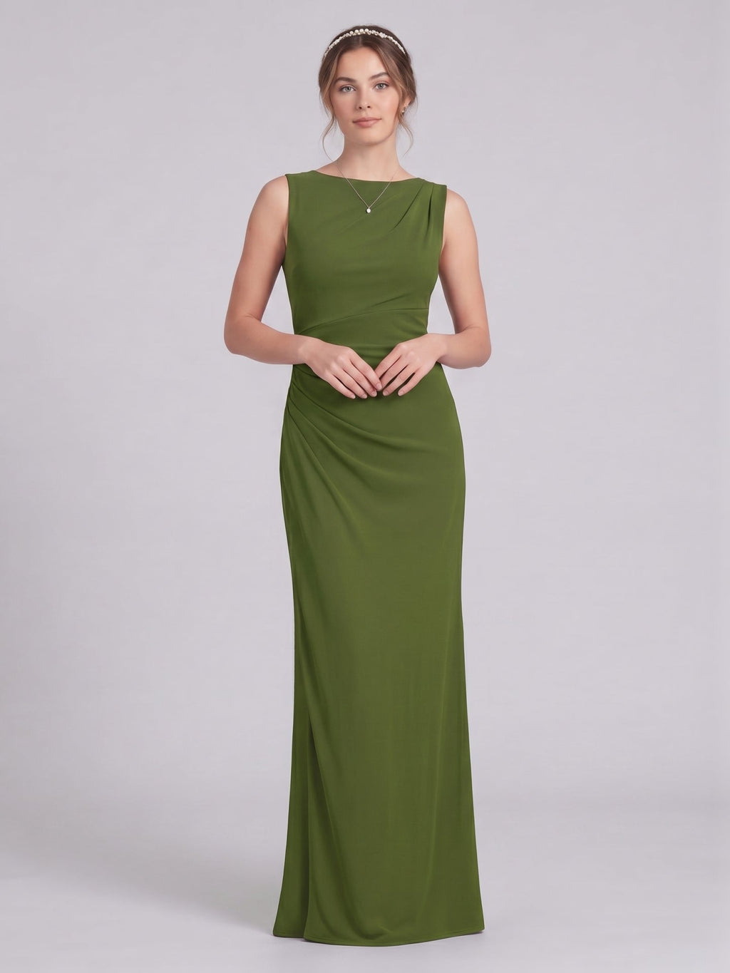 Simple Olive Green Stretch Knit A-Line Scoop Neck Back Zip Ankle-Length Bridesmaid Dress - Curvevia