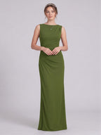Simple Olive Green Stretch Knit A-Line Scoop Neck Back Zip Ankle-Length Bridesmaid Dress - Curvevia