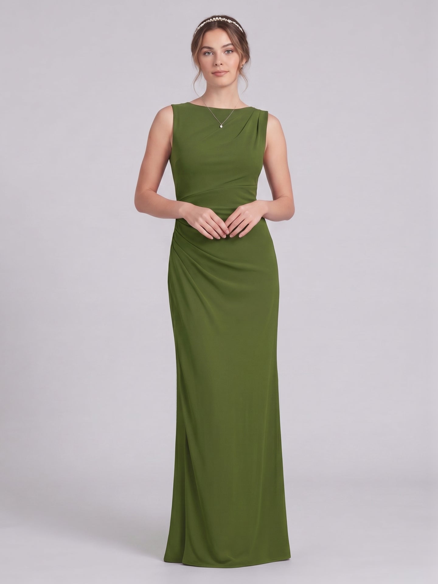 Simple Olive Green Stretch Knit A-Line Scoop Neck Back Zip Ankle-Length Bridesmaid Dress - Curvevia