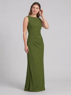 Simple Olive Green Stretch Knit A-Line Scoop Neck Back Zip Ankle-Length Bridesmaid Dress - Curvevia