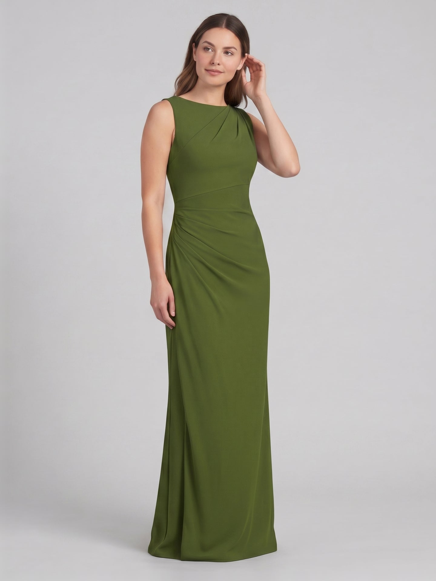 Simple Olive Green Stretch Knit A-Line Scoop Neck Back Zip Ankle-Length Bridesmaid Dress - Curvevia