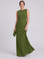 Simple Olive Green Stretch Knit A-Line Scoop Neck Back Zip Ankle-Length Bridesmaid Dress - Curvevia