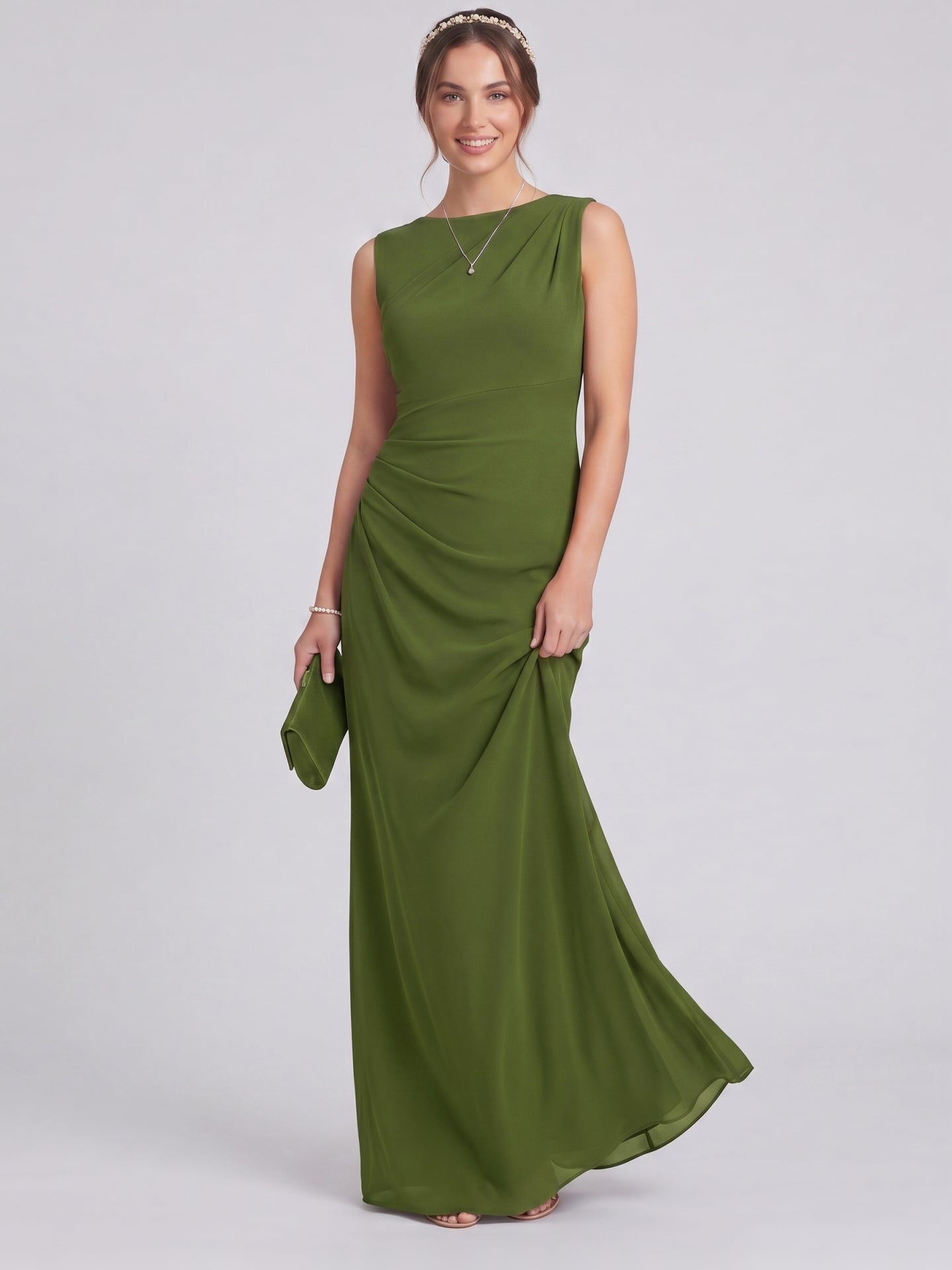 Simple Olive Green Stretch Knit A-Line Scoop Neck Back Zip Ankle-Length Bridesmaid Dress - Curvevia