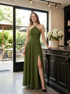 Olive Green Chiffon A-Line Halter Back Zip Floor-Length Bridesmaid Dress - Curvevia