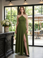 Olive Green Chiffon A-Line Halter Back Zip Floor-Length Bridesmaid Dress - Curvevia