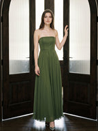 Olive Green Chiffon A-Line Off-the-Shoulder Backless Floor-Length Bridesmaid Dress - Curvevia